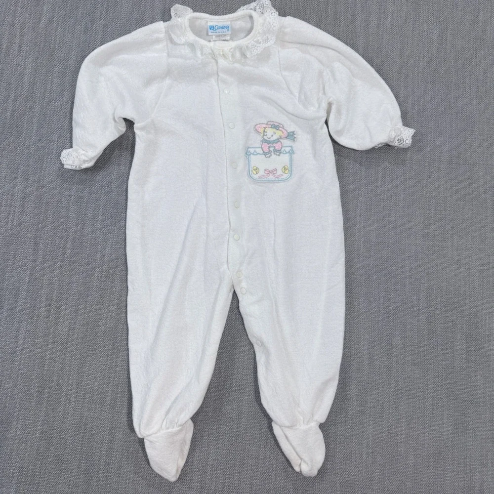 Vintage Carters White Lace Trim Footed Sleeper‎ Baby Large Made in USA Bunny